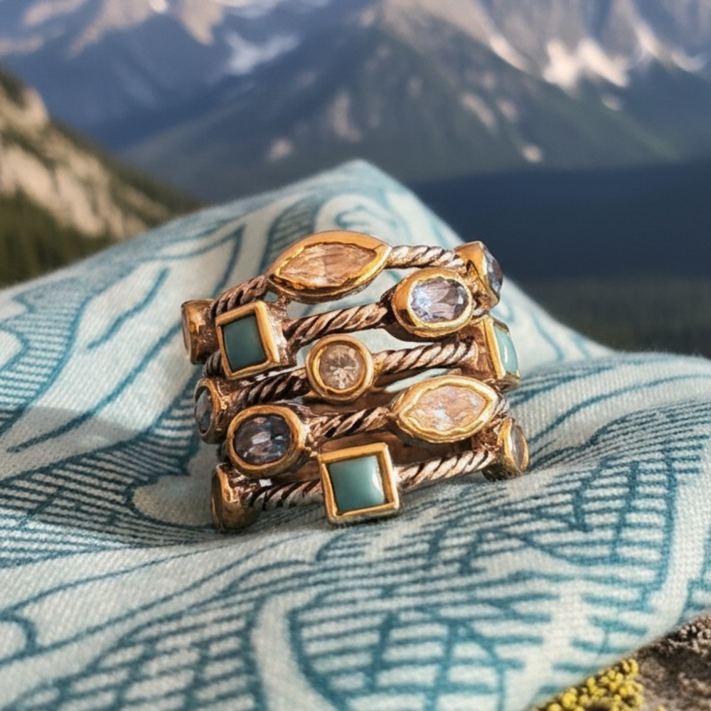 Vintage Sterling Silver/Gold Multi-Stone Stamped Ring